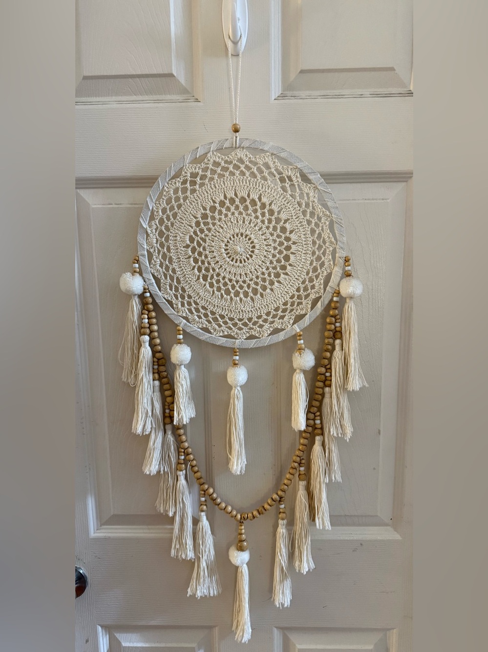 Boho Crochet Dreamcatcher Wall Hanging in Cream with Wood Beads